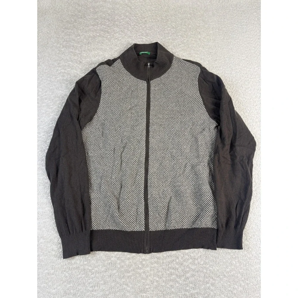United Colors of Benetton Sweater Mens Large Brown Gray Full Zip Wool‎ Blend